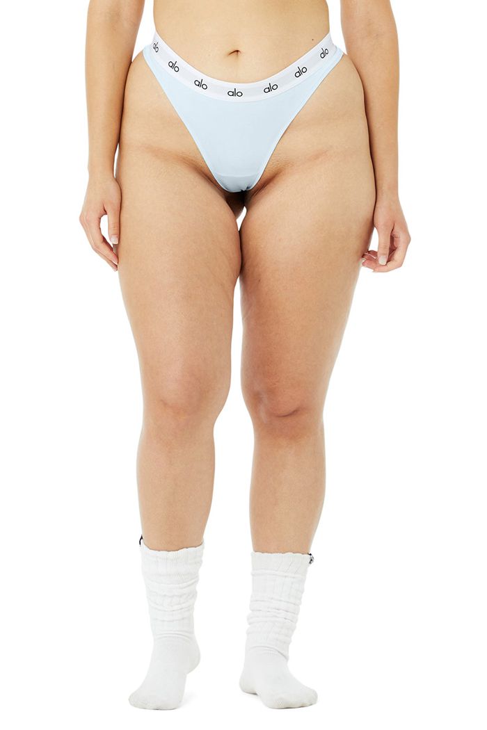 Blue Alo Yoga Icon High-Cut Thong Women's Underwear | 95380RCKZ