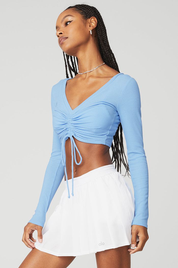 Blue Alo Yoga Ribbed Cinch Cropped Women's Long Sleeve | 17046LEGP