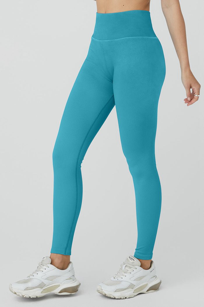 Blue Alo Yoga Seamless High-Waist Ribbed Women's Leggings | 56841VJPE