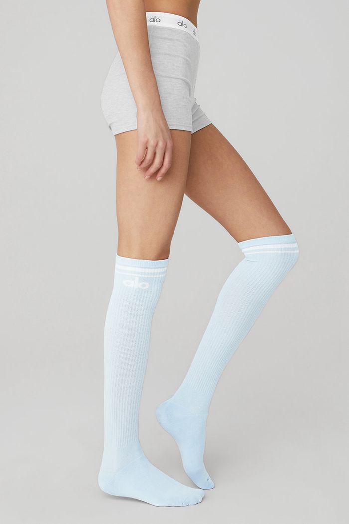 Blue White Alo Yoga Knee-High Throwback Women's Socks | 01859BOVU