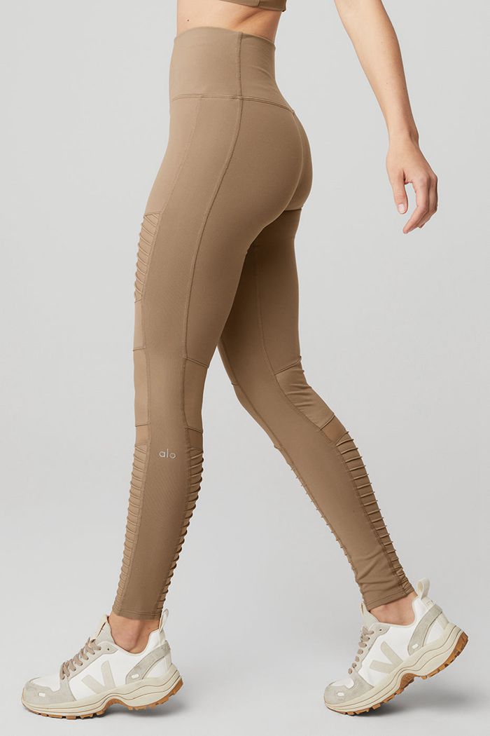 Brown Alo Yoga High-Waist Moto Women's Leggings | 07984VKES