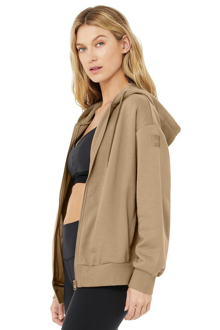 Brown Alo Yoga Hype Full Zip Women's Hoodie | 40257OMBV