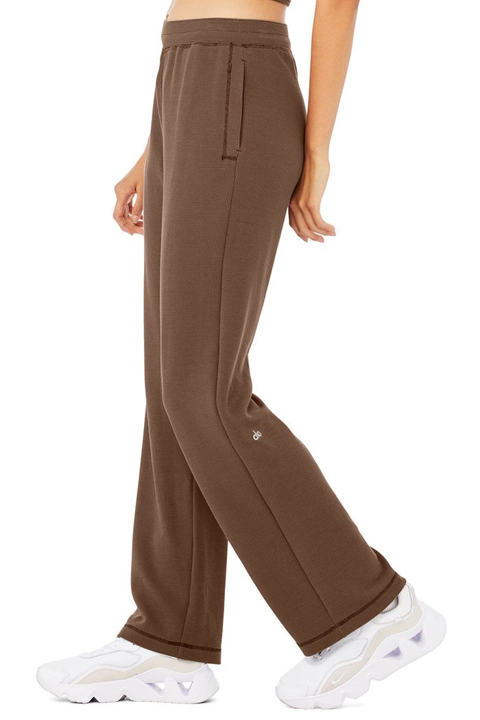 Brown Alo Yoga Micro Waffle High-Waist Pleasant Wide Leg Women's Pants | 58396OUWT