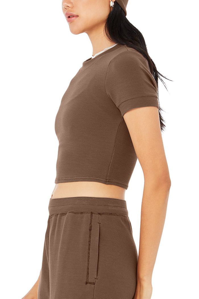 Brown Alo Yoga Micro Waffle High-Waist Pleasant Wide Leg Women's Pants | 58396OUWT