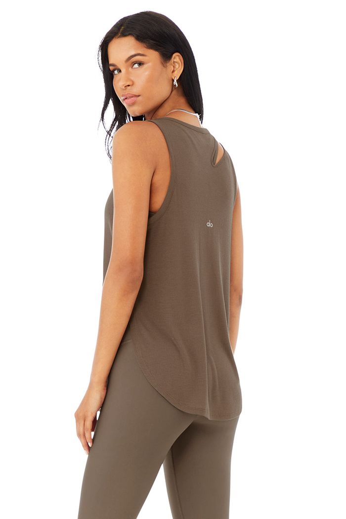 Brown Alo Yoga Ribbed Peak Women's Tank Tops | 78106ROLE