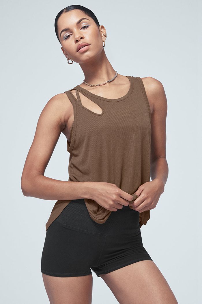 Brown Alo Yoga Ribbed Peak Women's Tank Tops | 78106ROLE