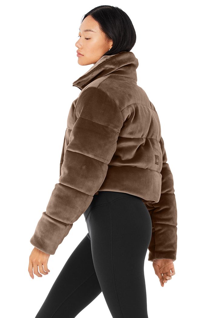 Brown Alo Yoga Ribbed Velour Gold Rush Puffer Women's Jackets | 95263WHUX