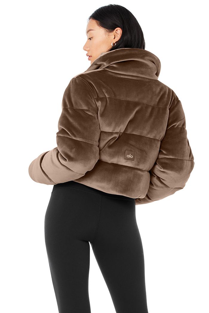 Brown Alo Yoga Ribbed Velour Gold Rush Puffer Women's Jackets | 95263WHUX