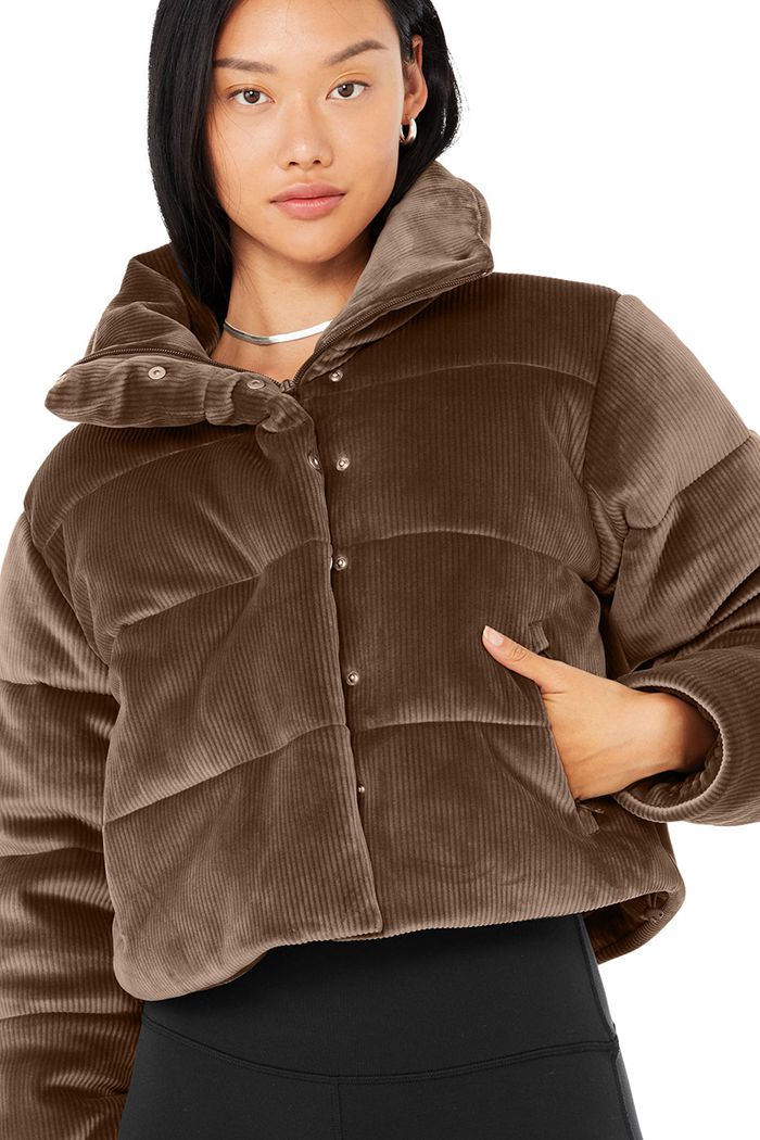 Brown Alo Yoga Ribbed Velour Gold Rush Puffer Women's Jackets | 95263WHUX