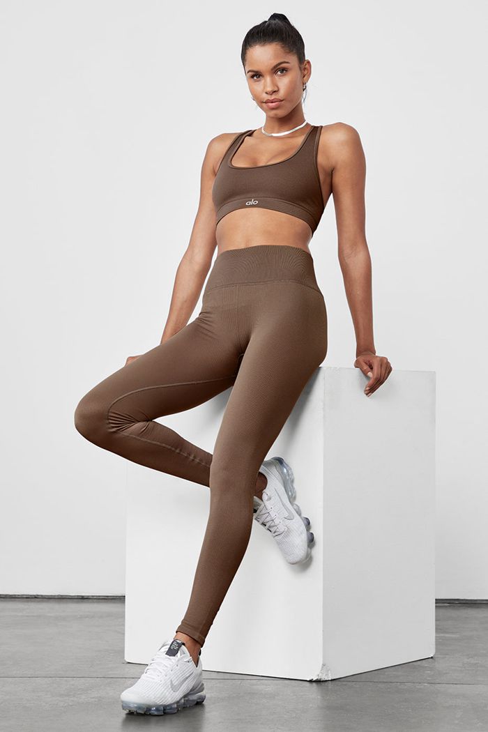 Brown Alo Yoga Seamless High-Waist Ribbed Women's Leggings | 69051ITFJ