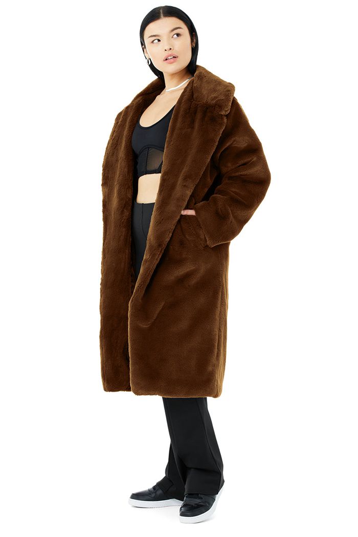 Chocolate Alo Yoga Oversized Faux Fur Trench Women's Coat | 02856TBKA