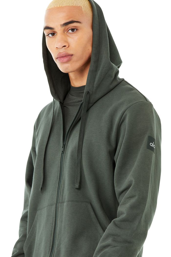 Dark Green Alo Yoga Everyday Full Zip Men's Hoodie | 82631UKYH