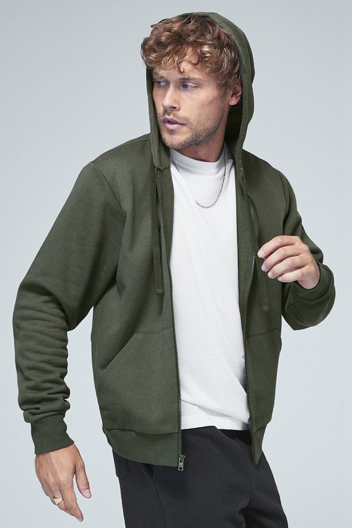 Dark Green Alo Yoga Everyday Full Zip Men's Hoodie | 82631UKYH