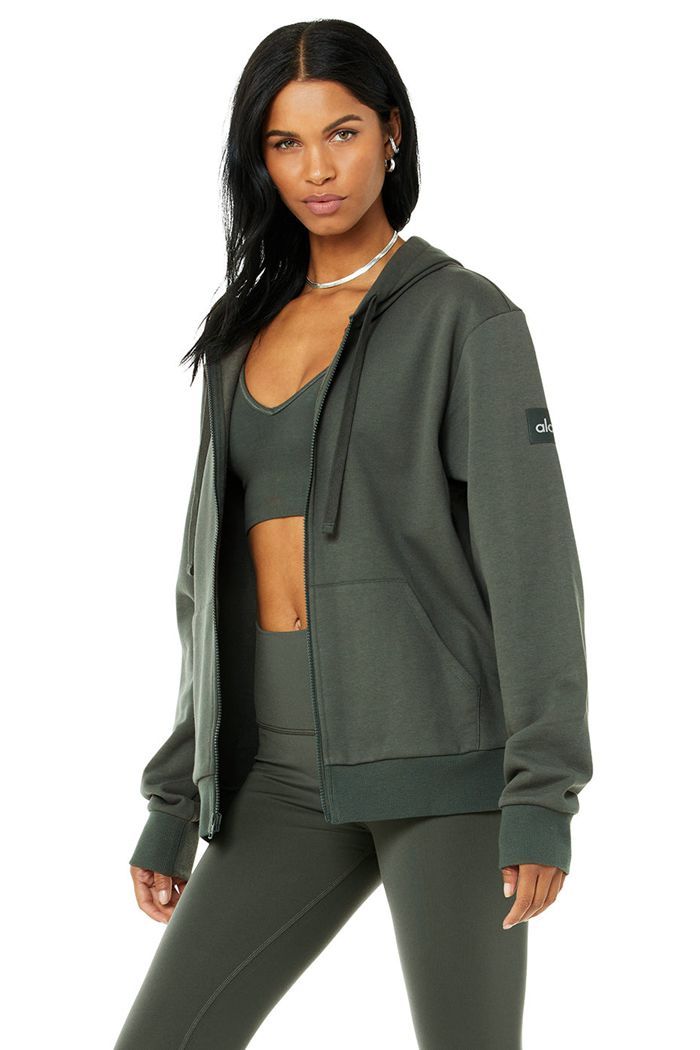 Dark Green Alo Yoga Everyday Full Zip Women's Hoodie | 56407GBQV