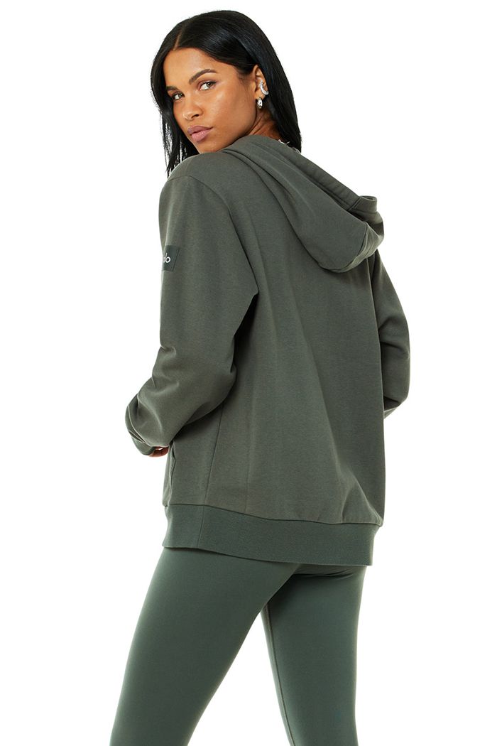 Dark Green Alo Yoga Everyday Full Zip Women's Hoodie | 56407GBQV