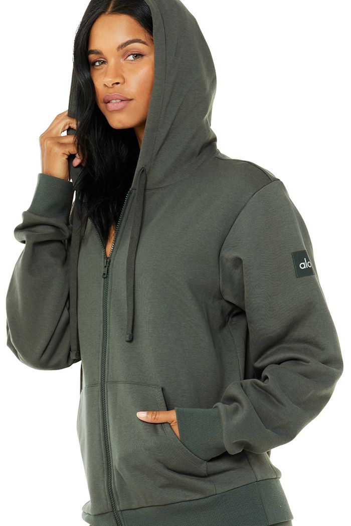 Dark Green Alo Yoga Everyday Full Zip Women's Hoodie | 56407GBQV