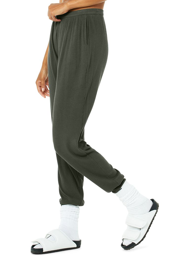 Dark Green Alo Yoga High-Waist Ribbed Whisper Women's Pants | 19843FBQS