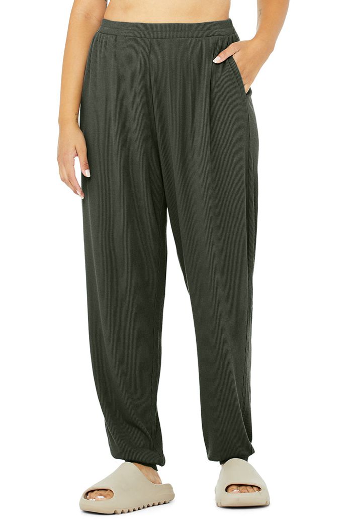 Dark Green Alo Yoga High-Waist Ribbed Whisper Women's Pants | 19843FBQS