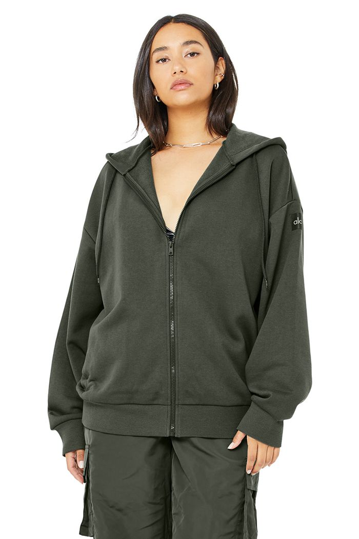 Dark Green Alo Yoga Hype Full Zip Women's Hoodie | 71902ERTQ