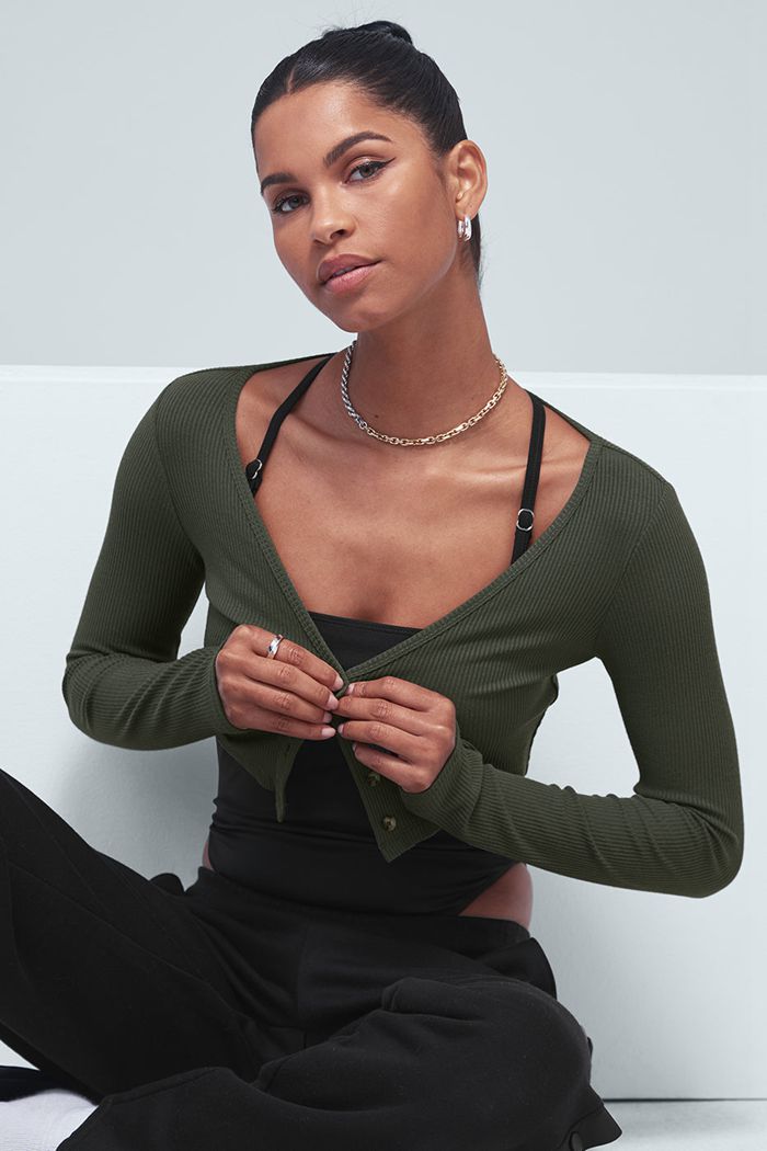 Dark Green Alo Yoga Ribbed Cropped Whisper Women's Cardigan | 29018RLAU