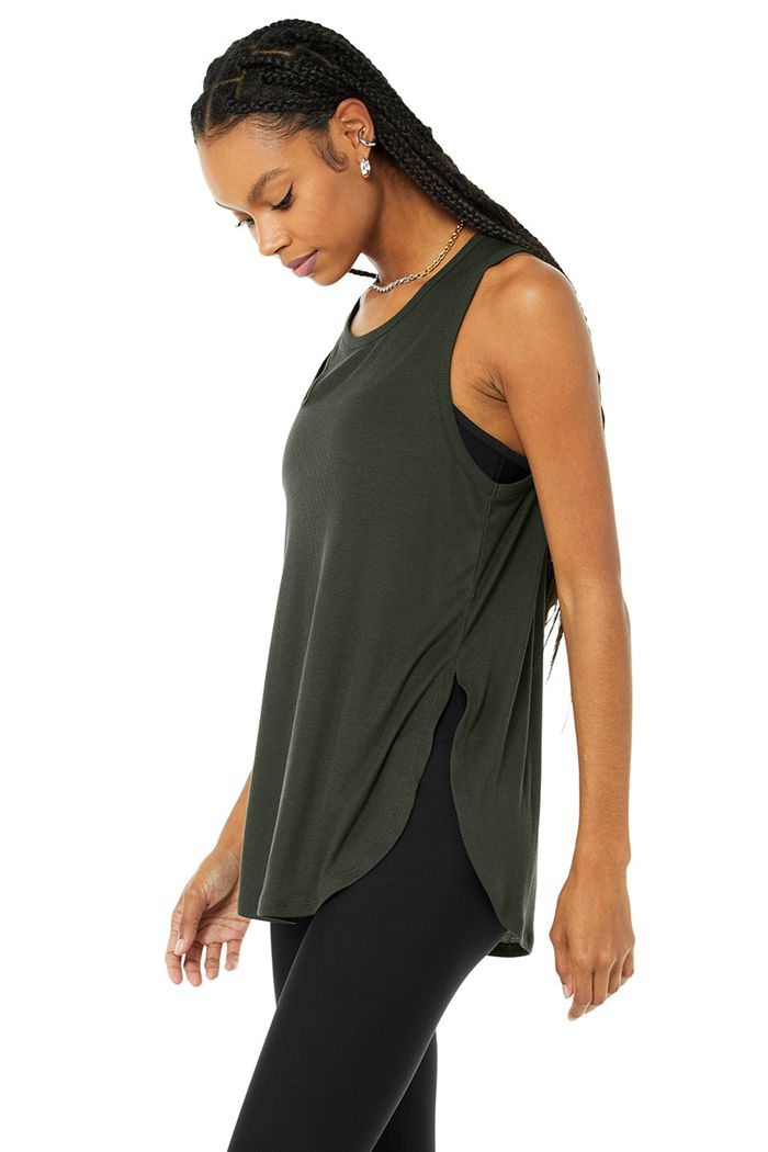 Dark Green Alo Yoga Ribbed Peak Women's Tank Tops | 31294ZAQL