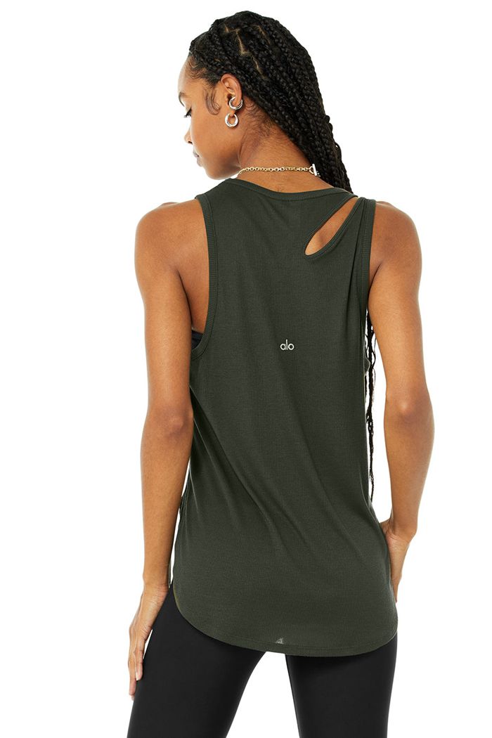 Dark Green Alo Yoga Ribbed Peak Women's Tank Tops | 31294ZAQL