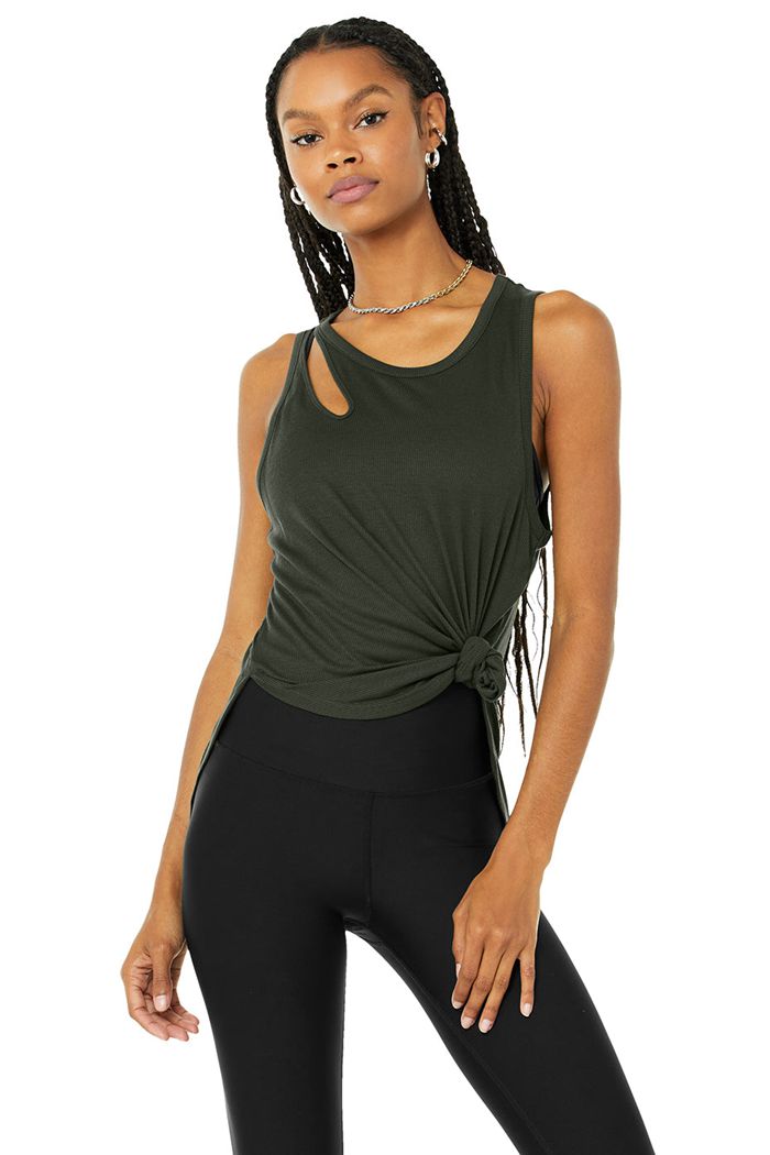 Dark Green Alo Yoga Ribbed Peak Women's Tank Tops | 31294ZAQL