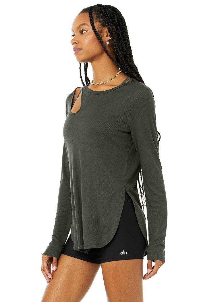 Dark Green Alo Yoga Ribbed Peak Women's Long Sleeve | 58674CBXR