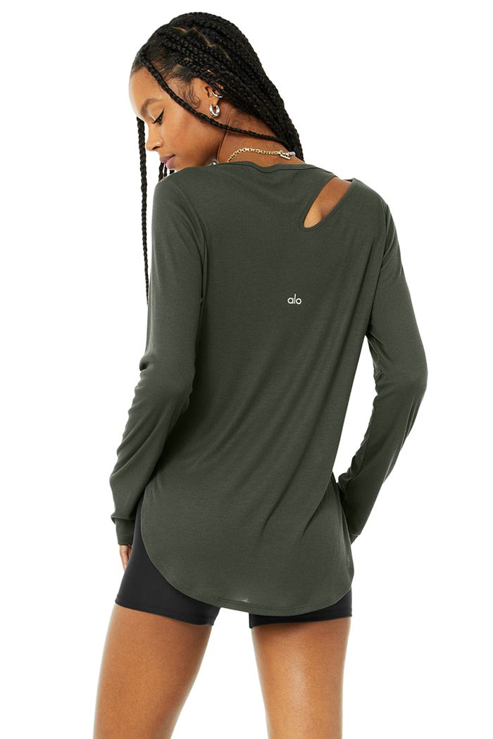 Dark Green Alo Yoga Ribbed Peak Women's Long Sleeve | 58674CBXR