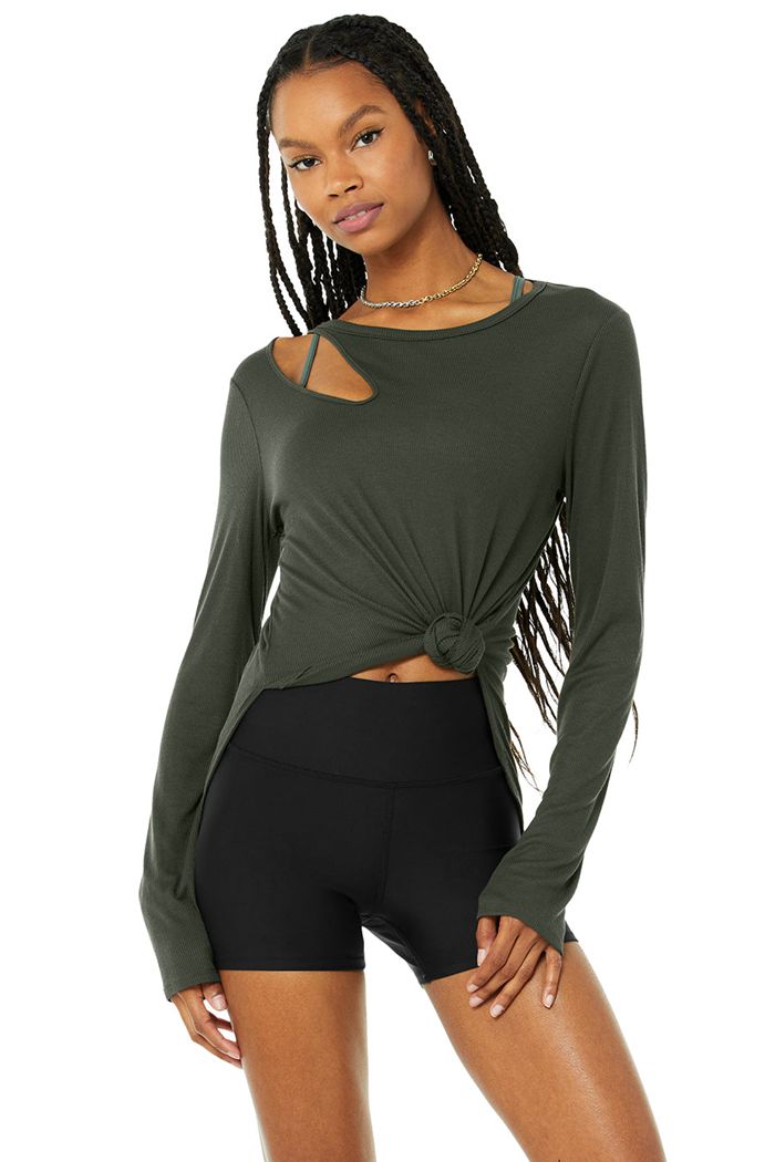 Dark Green Alo Yoga Ribbed Peak Women's Long Sleeve | 58674CBXR