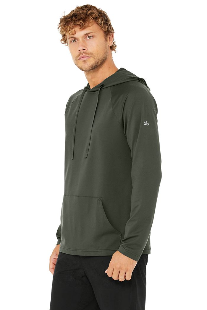 Dark Green Alo Yoga The Conquer Men's Hoodie | 27463MVLP