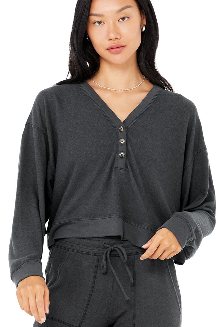 Dark Grey Alo Yoga Alolux Soho Cropped Henley Women's Long Sleeve | 12859ZEIR