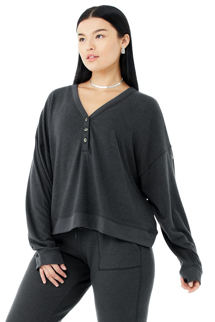 Dark Grey Alo Yoga Alolux Soho Cropped Henley Women's Long Sleeve | 12859ZEIR