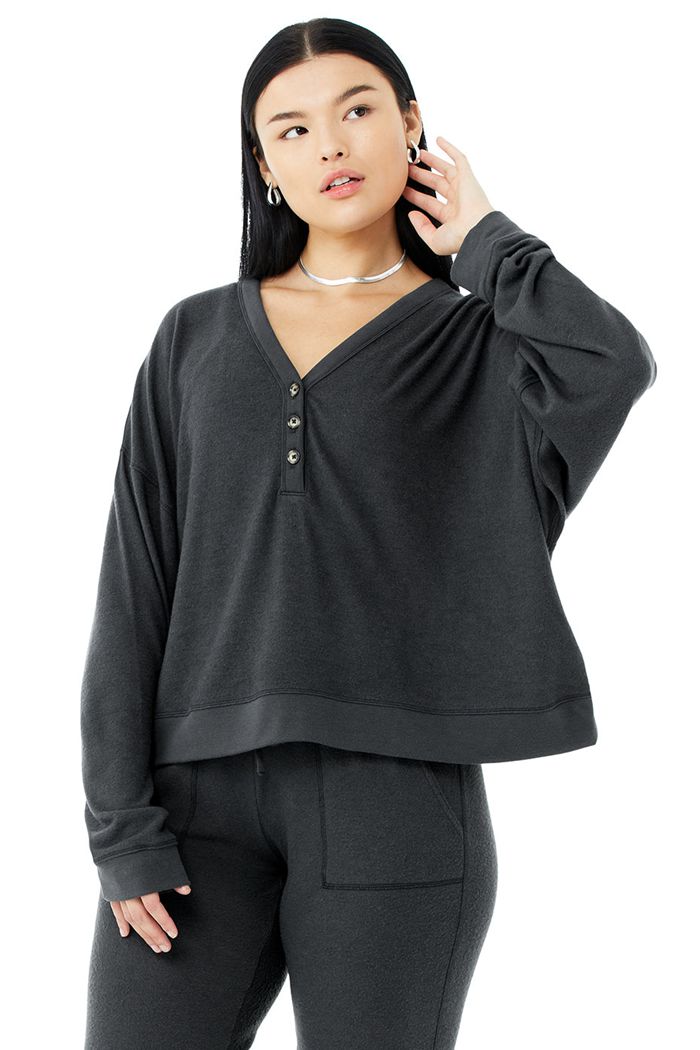 Dark Grey Alo Yoga Alolux Soho Cropped Henley Women's Long Sleeve | 12859ZEIR