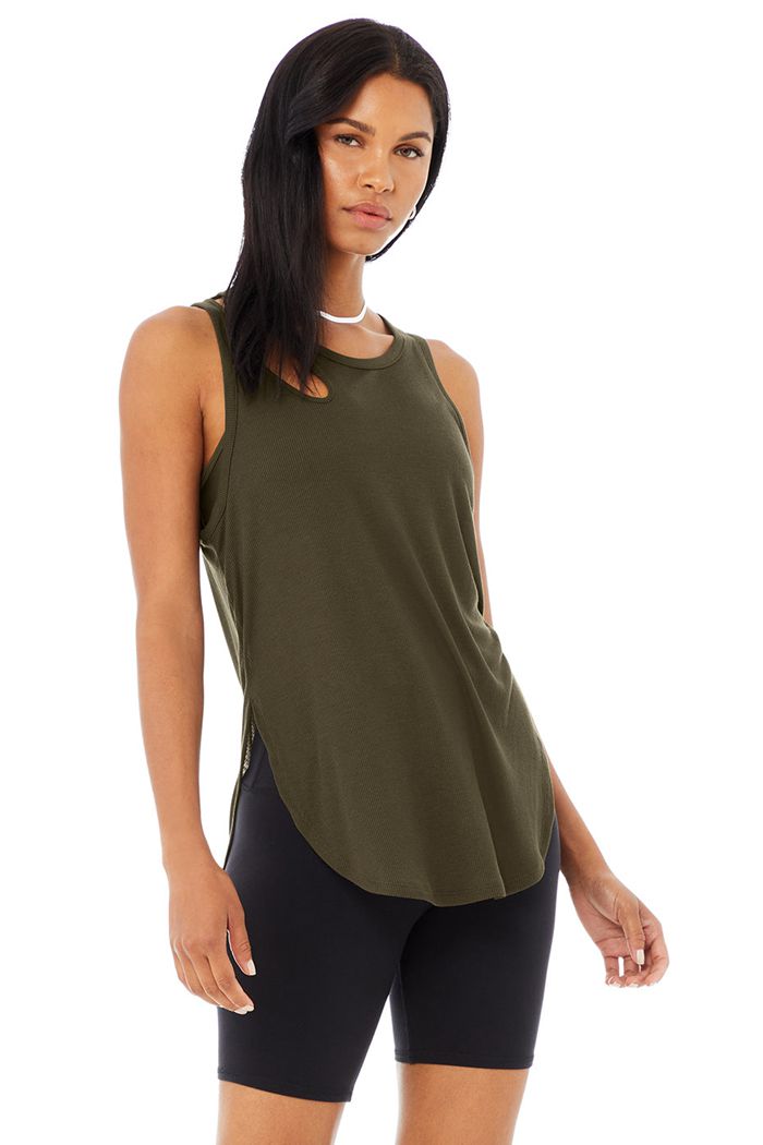 Dark Olive Alo Yoga Ribbed Peak Women's Tank Tops | 34217DITB