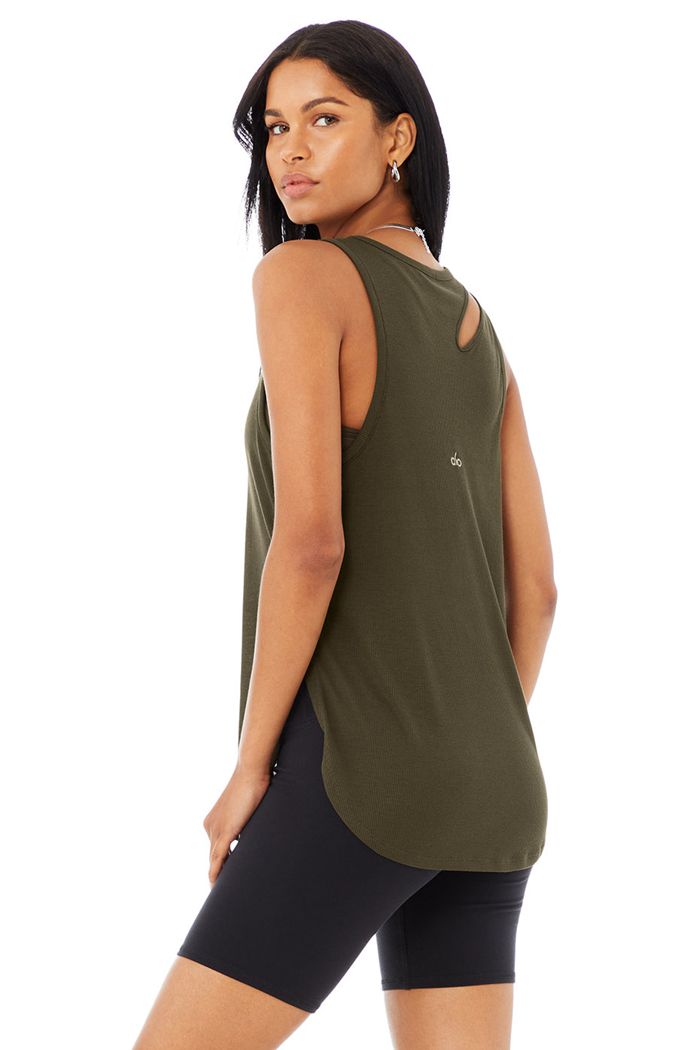 Dark Olive Alo Yoga Ribbed Peak Women's Tank Tops | 34217DITB