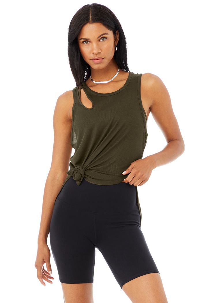 Dark Olive Alo Yoga Ribbed Peak Women's Tank Tops | 34217DITB