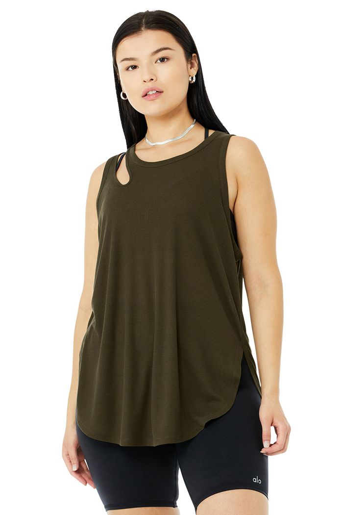 Dark Olive Alo Yoga Ribbed Peak Women's Tank Tops | 34217DITB