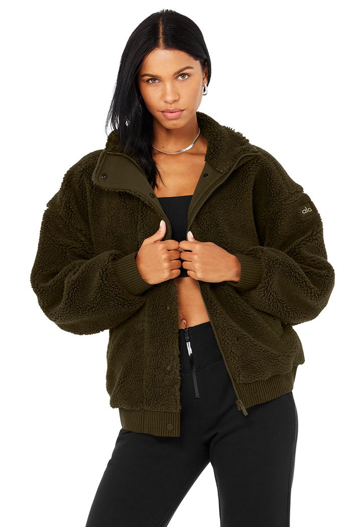 Dark Olive Alo Yoga Sherpa Varsity Women's Jackets | 82471QHMF