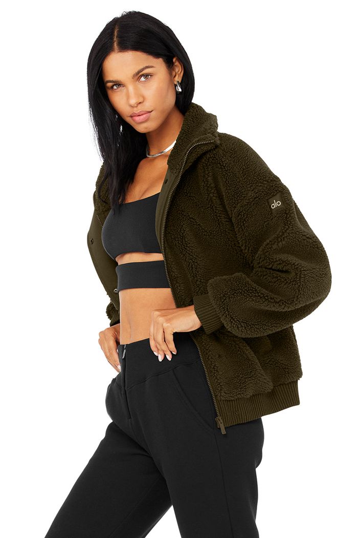 Dark Olive Alo Yoga Sherpa Varsity Women's Jackets | 82471QHMF