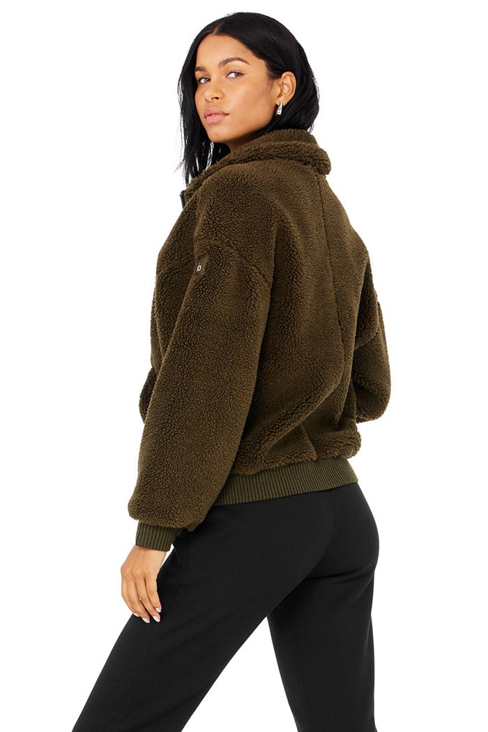 Dark Olive Alo Yoga Sherpa Varsity Women's Jackets | 82471QHMF