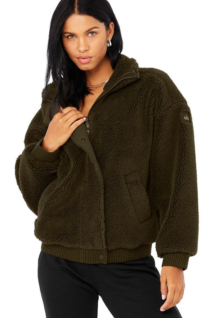 Dark Olive Alo Yoga Sherpa Varsity Women's Jackets | 82471QHMF