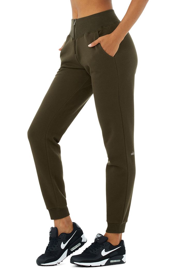 Dark Olive Alo Yoga Slick Zip Front Sweat Women's Pants | 78123JLPA