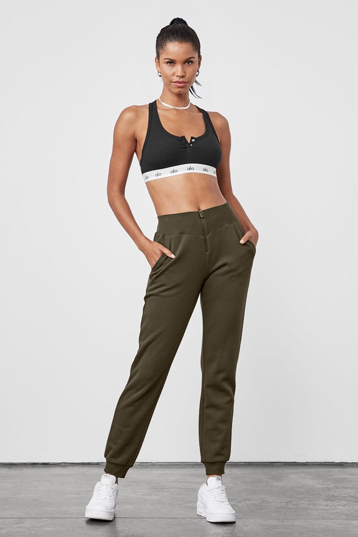 Dark Olive Alo Yoga Slick Zip Front Sweat Women's Pants | 78123JLPA