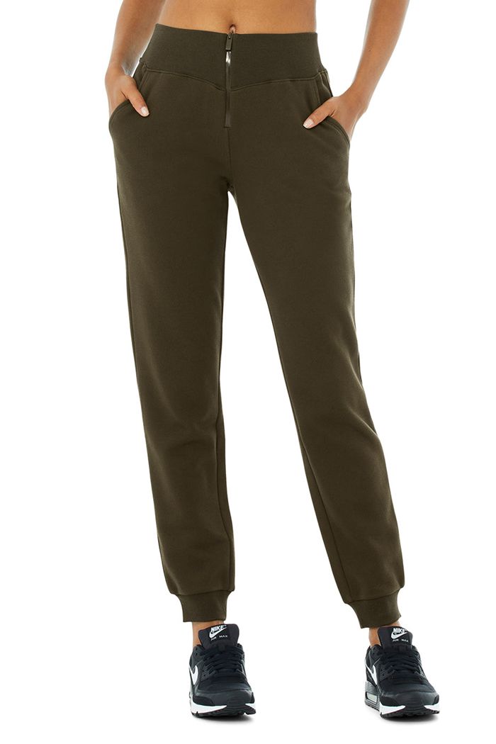 Dark Olive Alo Yoga Slick Zip Front Sweat Women\'s Pants | 78123JLPA