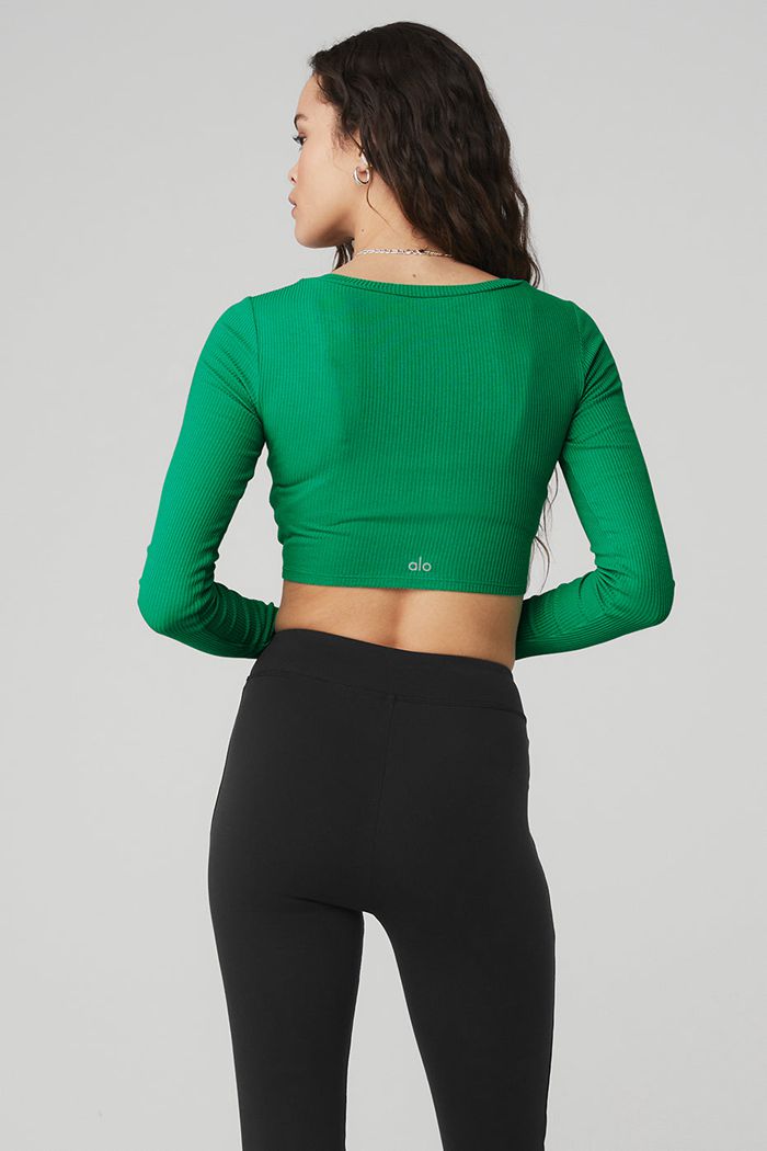 Green Turquoise Alo Yoga Ribbed Cinch Cropped Women's Long Sleeve | 76450ZPVX