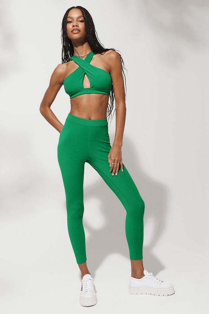 Green Turquoise Alo Yoga Ribbed High-Waist 7/8 Blissful Women's Leggings | 39208IWML