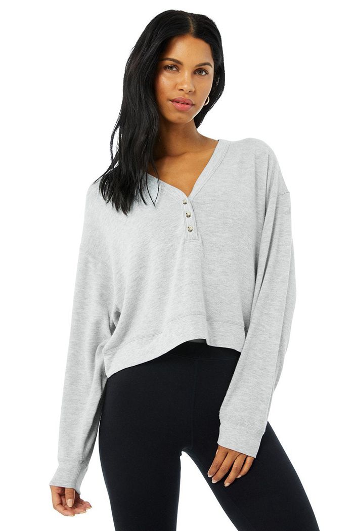 Grey Alo Yoga Alolux Soho Crop Henley Women\'s Long Sleeve | 05613KRAO