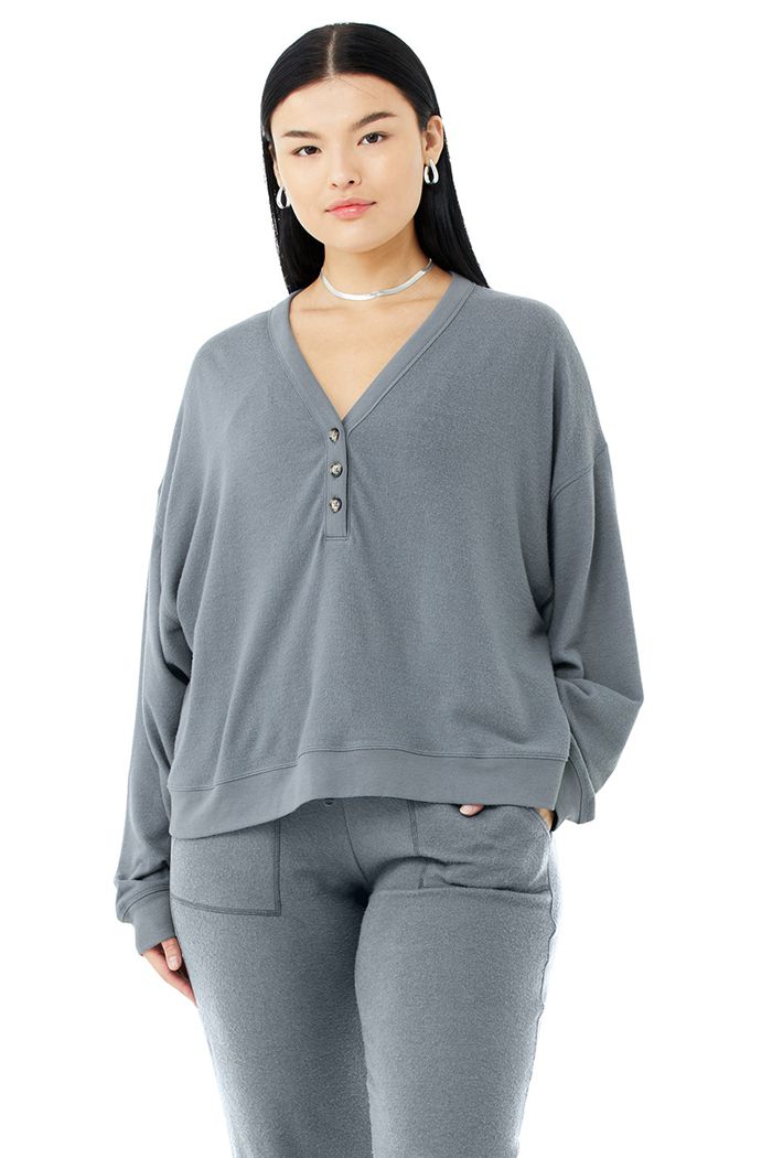 Grey Alo Yoga Alolux Soho Cropped Henley Women's Long Sleeve | 24396YHAK