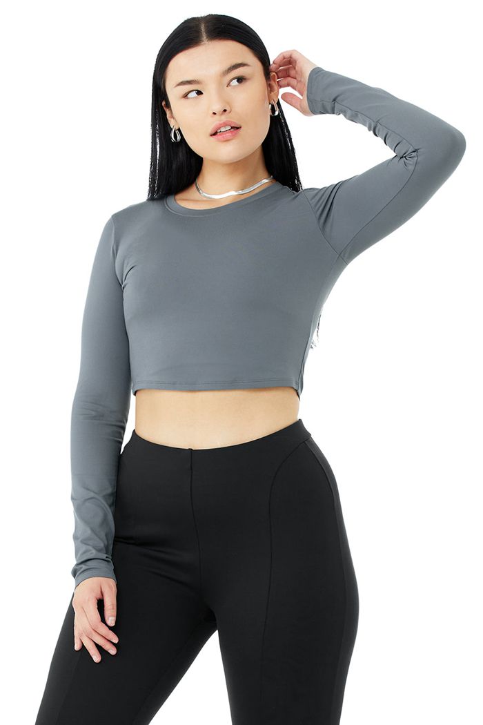 Grey Alo Yoga Alosoft Crop Finesse Women's Long Sleeve | 02769TLEX